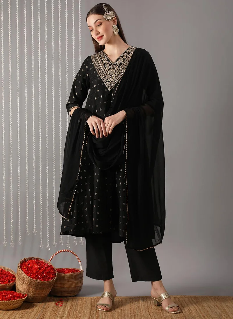 globus Globus Women Black Embroidered V-Neck Gold Foil Print Panelled Anarkali Kurta With Pants & Gotta Patti Dupatta Festive Set